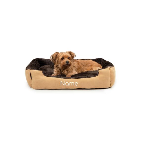 lionto Hundebett mit Wendekissen und Rutschfester Unterseite, Heimtierkissen mit tiefem Einstieg für Hunde und Katzen jeden Alters, 75x60 cm, kuscheliges Hundekissen, beige/braun (Namensaufdruck)