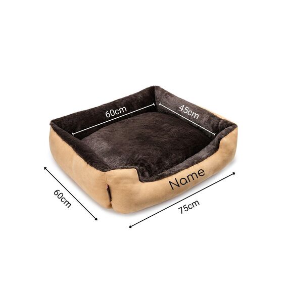 lionto Hundebett mit Wendekissen und Rutschfester Unterseite, Heimtierkissen mit tiefem Einstieg für Hunde und Katzen jeden Alters, 75x60 cm, kuscheliges Hundekissen, beige/braun (Namensaufdruck)