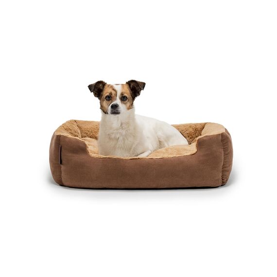 lionto Hundebett mit Wendekissen und Rutschfester Unterseite, Robustes Heimtierkissen mit tiefem Einstieg für Hunde und Katzen jeden Alters, 60x48 cm, kuscheliges Hundekissen, braun/beige