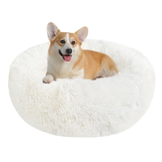 Hundebett Katzenbett Flauschig Rund aus Plüsch - Donut Kuscheliges Hundekissen Hundekorb Waschbar S/M/L/XL/XXL für Kleine, Mittelgroße und Große Hunde, Katzen und Andere Haustiere (L-60cm, Weiß)