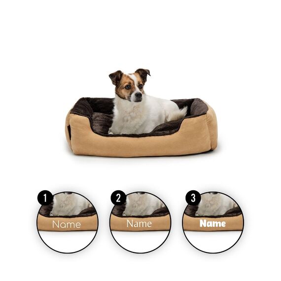 lionto Hundebett mit Wendekissen und Rutschfester Unterseite, Heimtierkissen mit tiefem Einstieg für Hunde und Katzen jeden Alters, 60x48 cm, kuscheliges Hundekissen, beige/braun (Namensaufdruck)