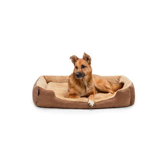 lionto Hundebett mit Wendekissen und Rutschfester Unterseite, Robustes Heimtierkissen mit tiefem Einstieg für Hunde und Katzen jeden Alters, 90x70 cm, kuscheliges Hundekissen, braun/beige