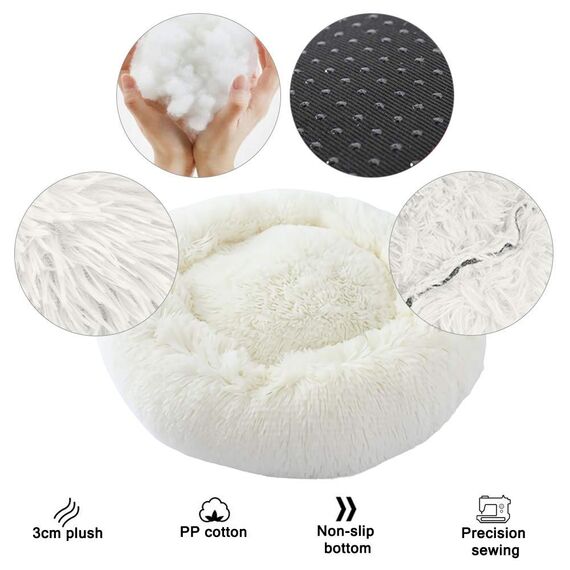 Hundebett Katzenbett Flauschig Rund aus Plüsch - Donut Kuscheliges Hundekissen Hundekorb Waschbar S/M/L/XL/XXL für Kleine, Mittelgroße und Große Hunde, Katzen und Andere Haustiere (XL-70cm, Weiß)