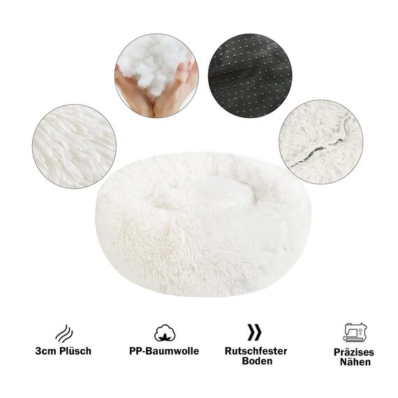 Hundebett Katzenbett Flauschig Rund aus Plüsch - Donut Kuscheliges Hundekissen Hundekorb Waschbar S/M/L/XL/XXL für Kleine, Mittelgroße und Große Hunde, Katzen und Andere Haustiere (M-50cm, Weiß)