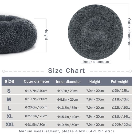 Hundebett Katzenbett Flauschig Rund aus Plüsch - Donut Kuscheliges Hundekissen Hundekorb Waschbar S/M/L/XL/XXL für Kleine, Mittelgroße und Große Hunde, Katzen und Andere Haustiere (S-40cm, Hellgrau)