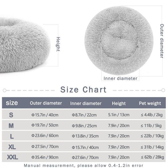 Hundebett Katzenbett Flauschig Rund aus Plüsch - Donut Kuscheliges Hundekissen Hundekorb Waschbar S/M/L/XL/XXL für Kleine, Mittelgroße und Große Hunde, Katzen und Andere Haustiere (XL-70cm, Hellgrau)