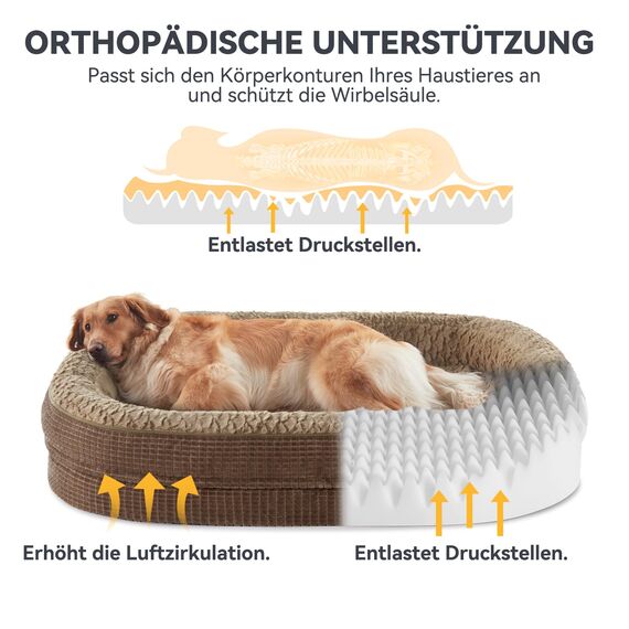 Pawk Orthopädisches Hundebett Grosse Hunde, 107x81cm, Vierseitiges Nackenrolle Hundebett Orthopädisch, Memory Foam hundebetten XL Wasserdicht rutschfest, Hundecouch mit Hohem Rand Outdoor, Brun