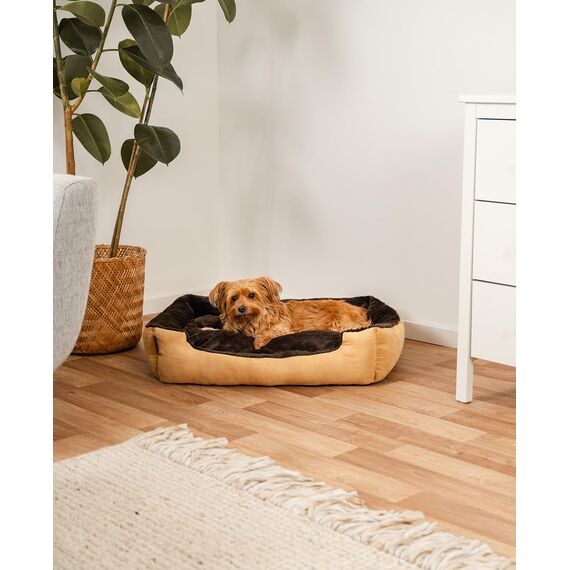 lionto Hundebett mit Wendekissen und Rutschfester Unterseite, Robustes Heimtierkissen mit tiefem Einstieg für Hunde und Katzen jeden Alters, 75x60 cm, kuscheliges Hundekissen, beige/braun