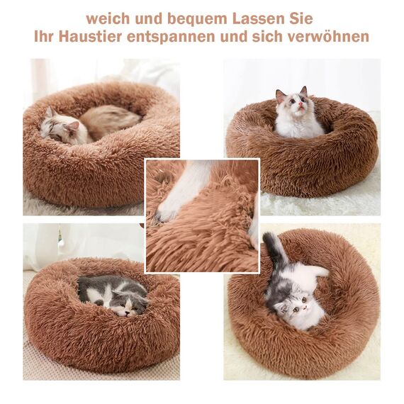 Hundebett Katzenbett Flauschig Rund aus Plüsch - Donut Kuscheliges Hundekissen Hundekorb Waschbar S/M/L/XL/XXL für Kleine, Mittelgroße und Große Hunde, Katzen und Andere Haustiere (XL-70cm, Braun)