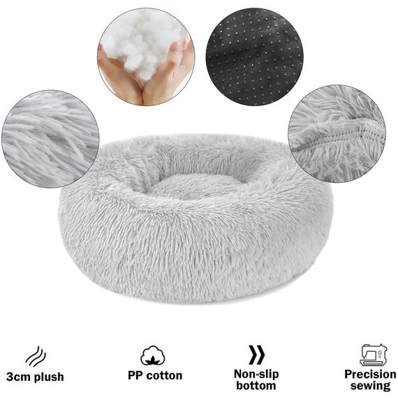 Hundebett Katzenbett Flauschig Rund aus Plüsch - Donut Kuscheliges Hundekissen Hundekorb Waschbar S/M/L/XL/XXL für Kleine, Mittelgroße und Große Hunde, Katzen und Andere Haustiere (XL-70cm, Hellgrau)
