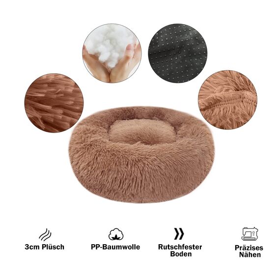 Hundebett Katzenbett Flauschig Rund aus Plüsch - Donut Kuscheliges Hundekissen Hundekorb Waschbar S/M/L/XL/XXL für Kleine, Mittelgroße und Große Hunde, Katzen und Andere Haustiere (XL-70cm, Braun)
