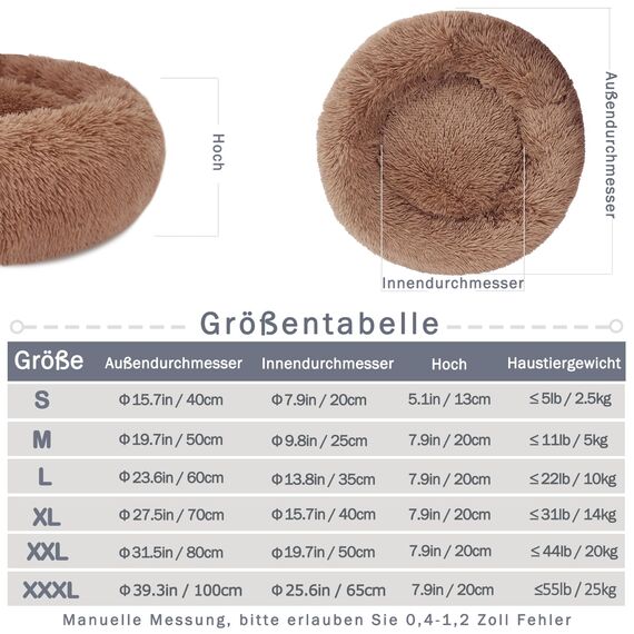 Hundebett Katzenbett Flauschig Rund aus Plüsch - Donut Kuscheliges Hundekissen Hundekorb Waschbar S/M/L/XL/XXL für Kleine, Mittelgroße und Große Hunde, Katzen und Andere Haustiere (M-50cm, Bruan)