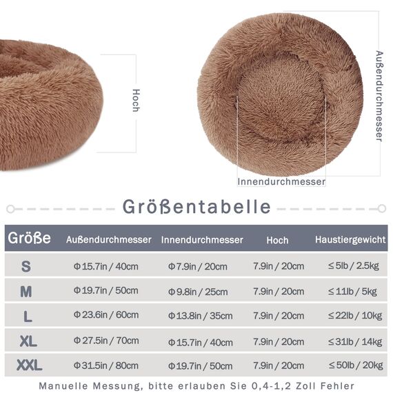 Hundebett Katzenbett Flauschig Rund aus Plüsch - Donut Kuscheliges Hundekissen Hundekorb Waschbar S/M/L/XL/XXL für Kleine, Mittelgroße und Große Hunde, Katzen und Andere Haustiere (XL-70cm, Braun)