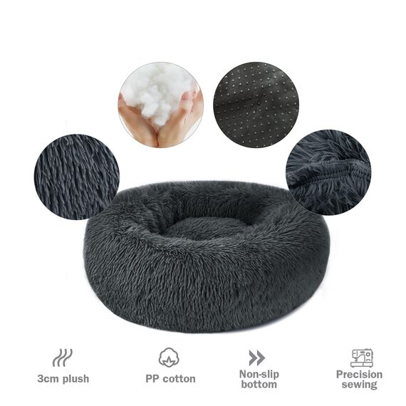 Hundebett Katzenbett Flauschig Rund aus Plüsch - Donut Kuscheliges Hundekissen Hundekorb Waschbar S/M/L/XL/XXL für Kleine, Mittelgroße & Große Hunde, Katzen und Andere Haustiere (XL-70cm, Dunkelgrau)