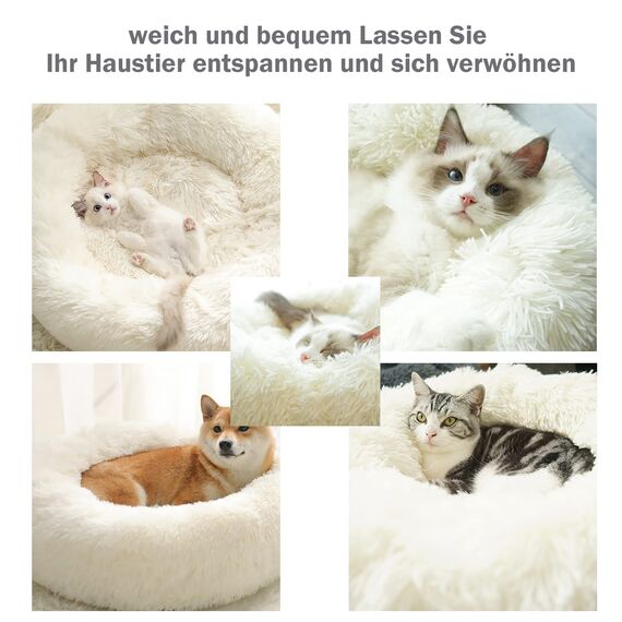 Hundebett Katzenbett Flauschig Rund aus Plüsch - Donut Kuscheliges Hundekissen Hundekorb Waschbar S/M/L/XL/XXL für Kleine, Mittelgroße und Große Hunde, Katzen und Andere Haustiere (L-60cm, Weiß)