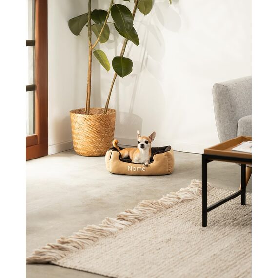 lionto Hundebett mit Wendekissen und Rutschfester Unterseite, Heimtierkissen mit tiefem Einstieg für Hunde und Katzen jeden Alters, 50x37 cm, kuscheliges Hundekissen, beige/braun (Namensaufdruck)