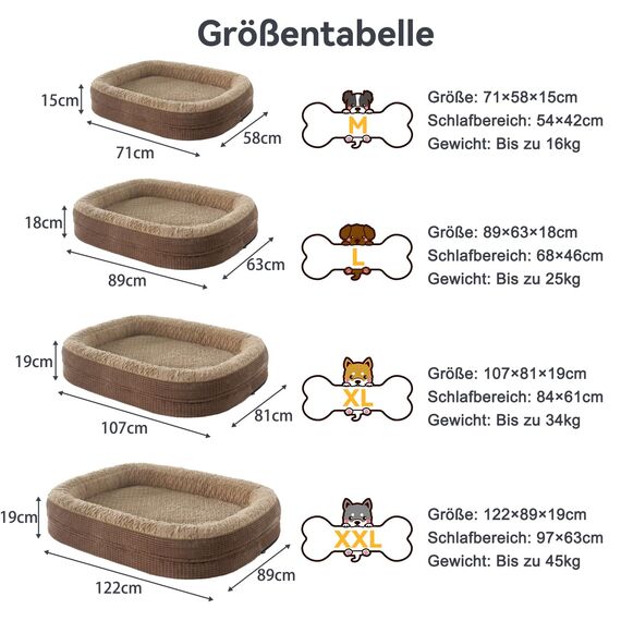 Pawk Orthopädisches Hundebett Grosse Hunde, 107x81cm, Vierseitiges Nackenrolle Hundebett Orthopädisch, Memory Foam hundebetten XL Wasserdicht rutschfest, Hundecouch mit Hohem Rand Outdoor, Brun