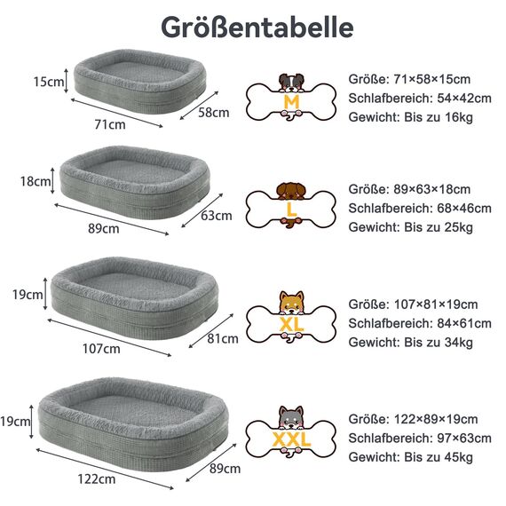 Pawk Orthopädisches Hundebett Grosse Hunde, 107x81cm Vierseitiges Nackenrolle Hundebett Orthopädisch, Memory Foam Hundekorb XL Wasserdicht rutschfest, Hundesofa Waschbar Outdoor, Hellgrau