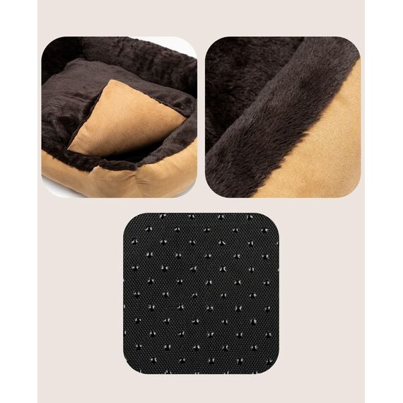 lionto Hundebett mit Wendekissen und Rutschfester Unterseite, Heimtierkissen mit tiefem Einstieg für Hunde und Katzen jeden Alters, 75x60 cm, kuscheliges Hundekissen, beige/braun (Namensaufdruck)