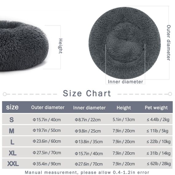 Hundebett Katzenbett Flauschig Rund aus Plüsch - Donut Kuscheliges Hundekissen Hundekorb Waschbar S/M/L/XL/XXL für Kleine, Mittelgroße & Große Hunde, Katzen und Andere Haustiere (XL-70cm, Dunkelgrau)