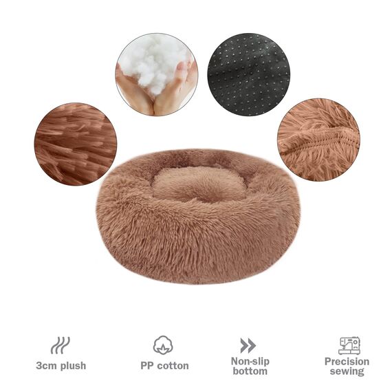 Hundebett Katzenbett Flauschig Rund aus Plüsch - Donut Kuscheliges Hundekissen Hundekorb Waschbar S/M/L/XL/XXL für Kleine, Mittelgroße und Große Hunde, Katzen und Andere Haustiere (L-60cm, Braun)