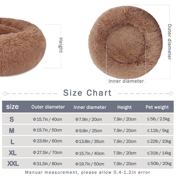 Hundebett Katzenbett Flauschig Rund aus Plüsch - Donut Kuscheliges Hundekissen Hundekorb Waschbar S/M/L/XL/XXL für Kleine, Mittelgroße und Große Hunde, Katzen und Andere Haustiere (XL-70cm, Braun)