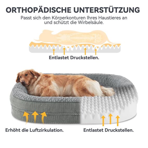 Pawk Orthopädisches Hundebett Grosse Hunde, 122x89cm Vierseitiges Nackenrolle Hundebett Orthopädisch, Memory Foam Hundekorb XXL Wasserdicht rutschfest, Hundesofa Waschbar Outdoor, Hellgrau