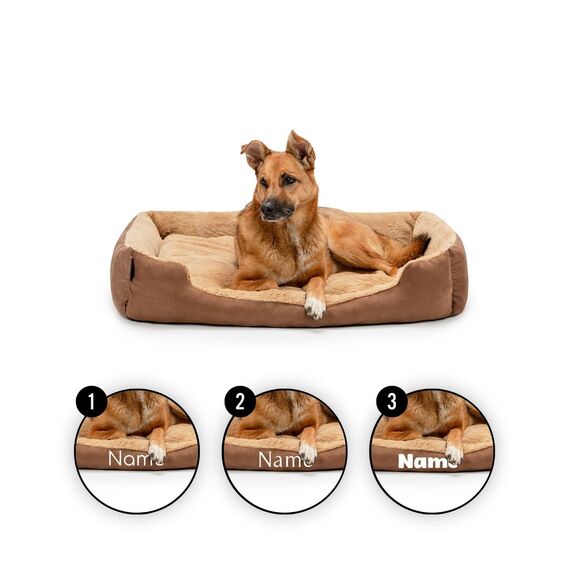 lionto Hundebett mit Wendekissen und Rutschfester Unterseite, Heimtierkissen mit tiefem Einstieg für Hunde und Katzen jeden Alters, 90x70 cm, kuscheliges Hundekissen, braun/beige (Namensaufdruck)