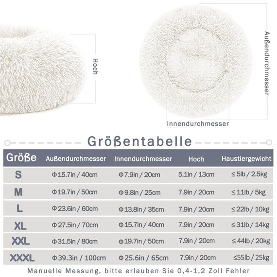 Hundebett Katzenbett Flauschig Rund aus Plüsch - Donut Kuscheliges Hundekissen Hundekorb Waschbar S/M/L/XL/XXL für Kleine, Mittelgroße und Große Hunde, Katzen und Andere Haustiere (M-50cm, Weiß)