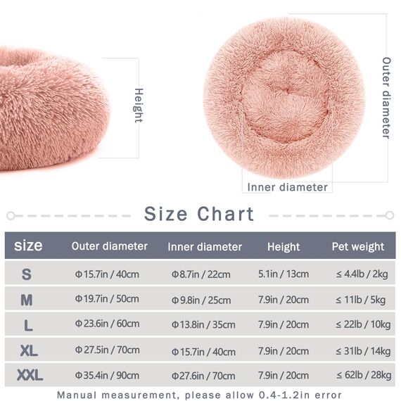 Hundebett Katzenbett Flauschig Rund aus Plüsch - Donut Kuscheliges Hundekissen Hundekorb Waschbar S/M/L/XL/XXL für Kleine, Mittelgroße und Große Hunde, Katzen und Andere Haustiere (XL-70cm, Rosa)