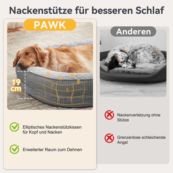 Pawk Orthopädisches Hundebett Grosse Hunde, 122x89cm Vierseitiges Nackenrolle Hundebett Orthopädisch, Memory Foam Hundekorb XXL Wasserdicht rutschfest, Hundesofa Waschbar Outdoor, Hellgrau