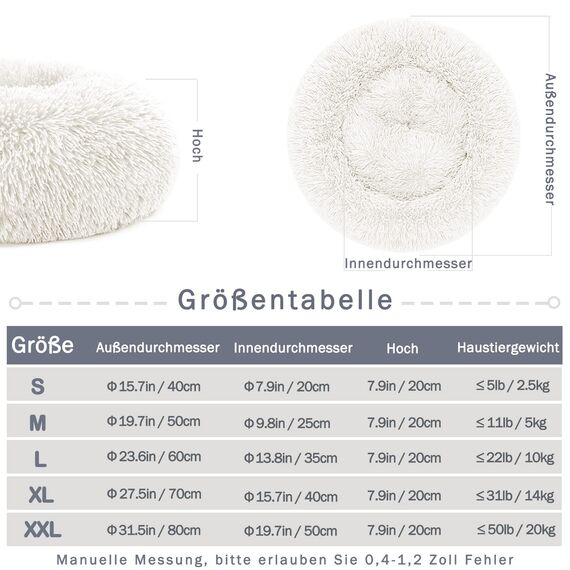 Hundebett Katzenbett Flauschig Rund aus Plüsch - Donut Kuscheliges Hundekissen Hundekorb Waschbar S/M/L/XL/XXL für Kleine, Mittelgroße und Große Hunde, Katzen und Andere Haustiere (S-40cm, Weiß)