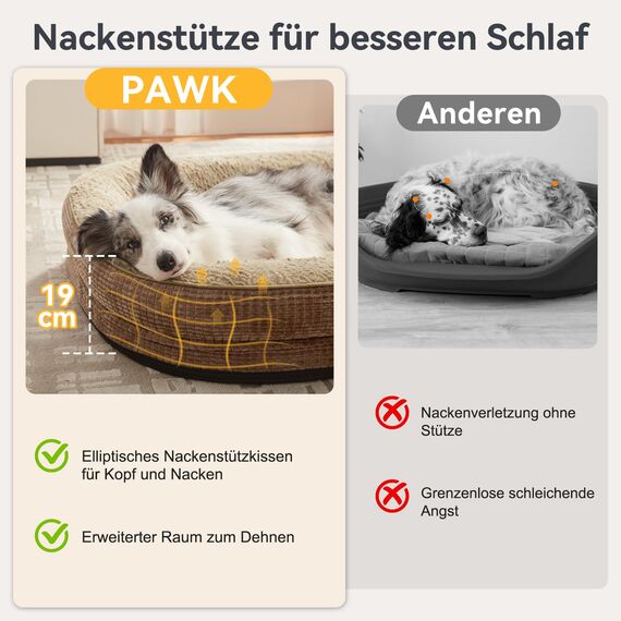 Pawk Orthopädisches Hundebett Grosse Hunde, 107x81cm, Vierseitiges Nackenrolle Hundebett Orthopädisch, Memory Foam hundebetten XL Wasserdicht rutschfest, Hundecouch mit Hohem Rand Outdoor, Brun