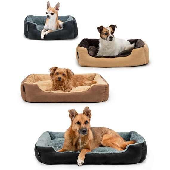 lionto Hundebett mit Wendekissen und Rutschfester Unterseite, Robustes Heimtierkissen mit tiefem Einstieg für Hunde und Katzen jeden Alters, 75x60 cm, kuscheliges Hundekissen, beige/braun