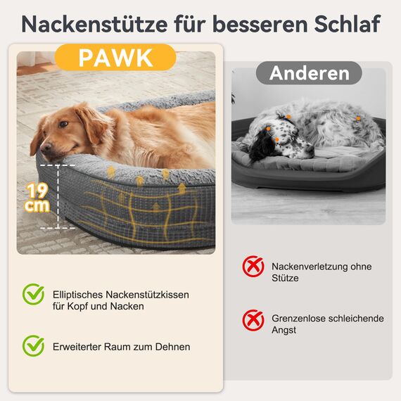 Pawk Orthopädisches Hundebett Kleine Hunde, 71x58cm Vierseitiges Nackenrolle Hundebett Orthopädisch, Memory Foam Hundekorb Wasserdicht rutschfest, Hundebetten Abnehmbar und Waschbar Outdoor, Gris