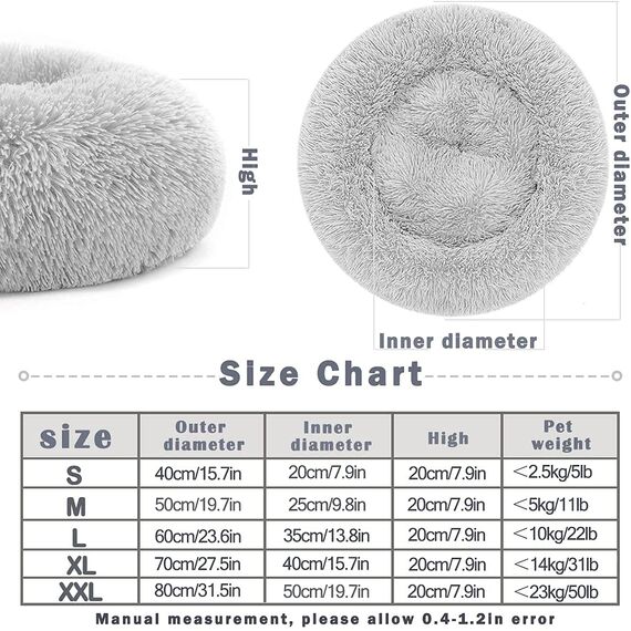 Hundebett Katzenbett Flauschig Rund aus Plüsch - Donut Kuscheliges Hundekissen Hundekorb Waschbar S/M/L/XL/XXL für Kleine, Mittelgroße und Große Hunde, Katzen und Andere Haustiere (XL-70cm, Hellgrau)