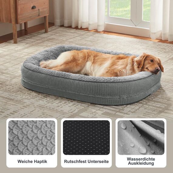 Pawk Orthopädisches Hundebett Grosse Hunde, 122x89cm Vierseitiges Nackenrolle Hundebett Orthopädisch, Memory Foam Hundekorb XXL Wasserdicht rutschfest, Hundesofa Waschbar Outdoor, Hellgrau
