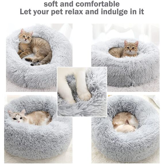 Hundebett Katzenbett Flauschig Rund aus Plüsch - Donut Kuscheliges Hundekissen Hundekorb Waschbar S/M/L/XL/XXL für Kleine, Mittelgroße und Große Hunde, Katzen und Andere Haustiere (XL-70cm, Hellgrau)