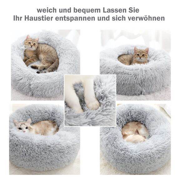 Hundebett Katzenbett Flauschig Rund aus Plüsch - Donut Kuscheliges Hundekissen Hundekorb Waschbar S/M/L/XL/XXL für Kleine, Mittelgroße und Große Hunde, Katzen und Andere Haustiere (S-40cm, Hellgrau)