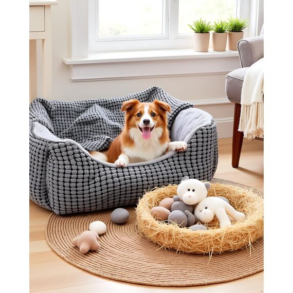 JOEJOY Hundebett Mittelgroße Hunde, Hundekorb mit Herausnehmbar Decke, Hundebetten Cord Flauschiges Waschbar, Rutschfest Hundekörbchen, Hundesofa mit Hohem Rand Passt bis zu 14kg Haustiere(64x53x20cm)