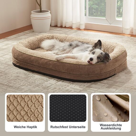 Pawk Orthopädisches Hundebett Grosse Hunde, 107x81cm, Vierseitiges Nackenrolle Hundebett Orthopädisch, Memory Foam hundebetten XL Wasserdicht rutschfest, Hundecouch mit Hohem Rand Outdoor, Brun