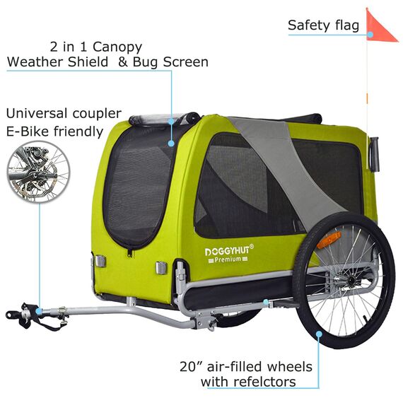 DOGGYHUT® Premium XL 2 in 1 Hundefahrradanhänger & Jogger 23-45 kg Fahrradanhänger für Hunde Hundeanhänger für Fahrrad Jogger 80106 (GRÜN Lemon)