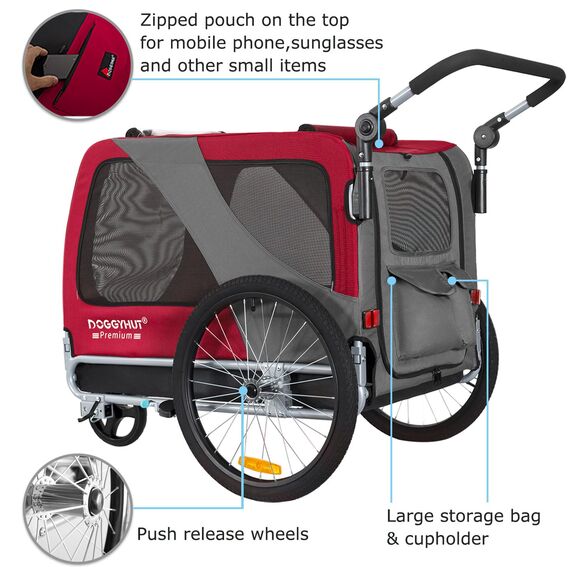 DOGGYHUT® Premium XL 2 in 1 Hundefahrradanhänger & Jogger 23-45 kg Fahrradanhänger für Hunde Hundeanhänger für Fahrrad 80106 (ROT)