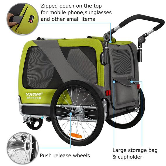 DOGGYHUT® Premium XL 2 in 1 Hundefahrradanhänger & Jogger 23-45 kg Fahrradanhänger für Hunde Hundeanhänger für Fahrrad Jogger 80106 (GRÜN Lemon)