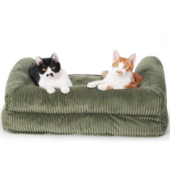 FUKUMARU Katzensofa Bett, Corduroy Gemütliches Katzenbett für drinnen mit abnehmbarem waschbarem Bezug, Stützendes Anti-Rutsch Hundebett Sofa für kleine Hunde, 72 x 52 x 22 cm, Mittel, Grün