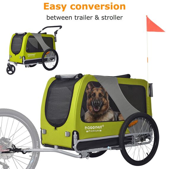 DOGGYHUT® Premium XL 2 in 1 Hundefahrradanhänger & Jogger 23-45 kg Fahrradanhänger für Hunde Hundeanhänger für Fahrrad Jogger 80106 (GRÜN Lemon)