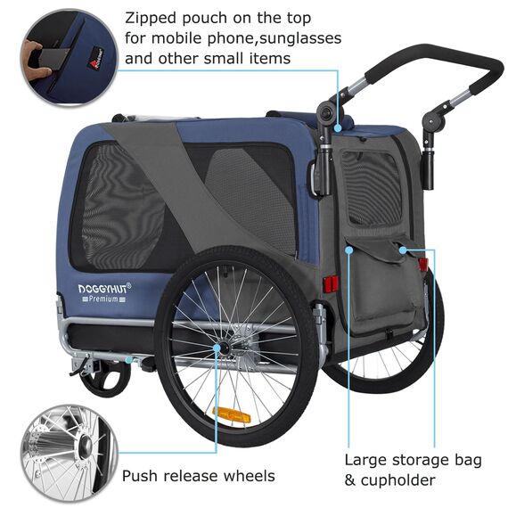 DOGGYHUT® Premium XL 2 in 1 Hundefahrradanhänger & Jogger 23-45 kg Fahrradanhänger für Hunde Hundeanhänger für Fahrrad 80106 (BLAU)