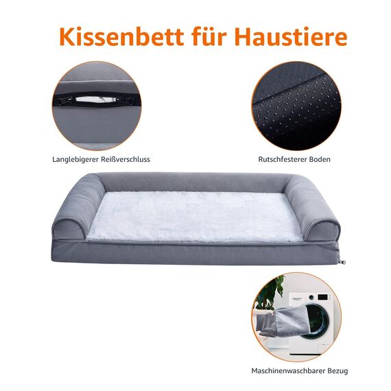 Amazon Basics Couchbett aus Schaumstoff für Hunde und Haustiere mit abnehmbarem Bezug, Grau, 112 x 89 x 20 cm (L x W x H)