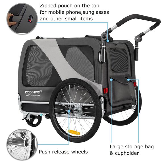DOGGYHUT® Premium XL 2 in 1 Hundefahrradanhänger & Jogger 23-45 kg Fahrradanhänger für Hunde Hundeanhänger für Fahrrad 80106 (GRAU)