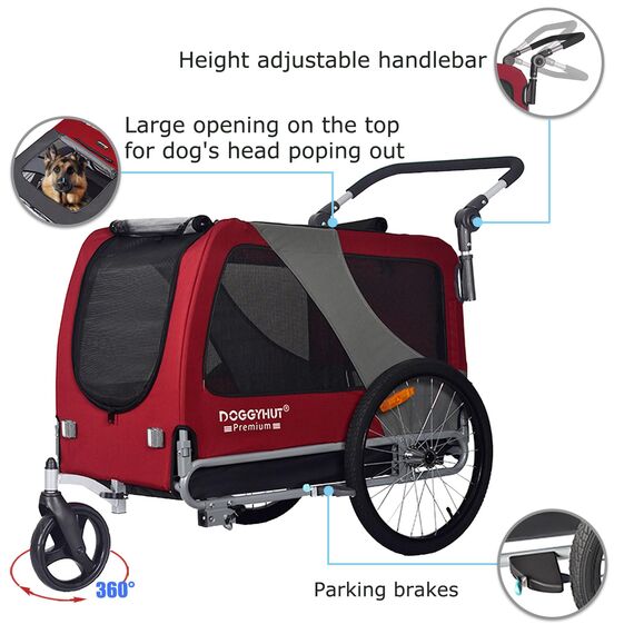 DOGGYHUT® Premium XL 2 in 1 Hundefahrradanhänger & Jogger 23-45 kg Fahrradanhänger für Hunde Hundeanhänger für Fahrrad 80106 (ROT)